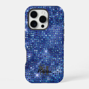 Modern Blue Diamond Studded Pattern Monogram  iPhone 16 Pro Case