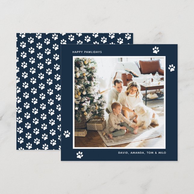 Modern Blue Dog Cat Owner Photo Holiday Card (Front/Back)