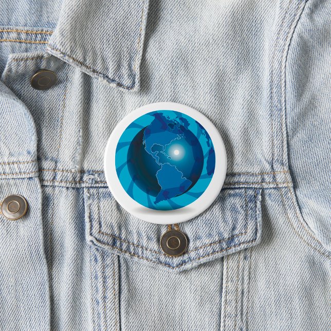 Modern Blue Earth Globe World Map 3 Inch Round Button (Creator Uploaded)