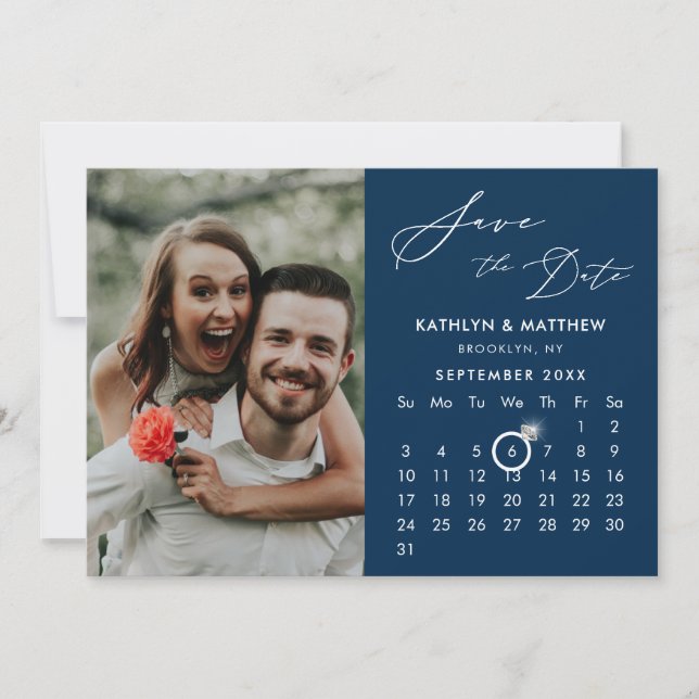 Modern Blue Elegant Script Custom Calendar Photo Save The Date (Front)