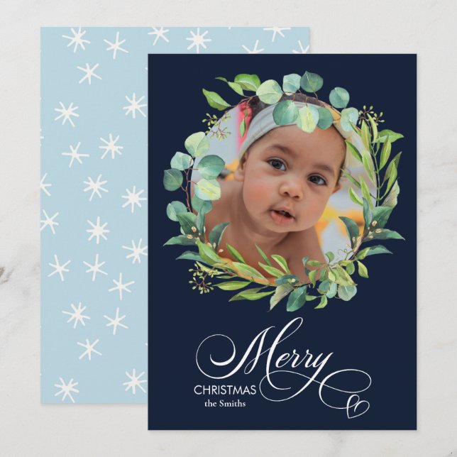 Modern Blue Elegant Script Eucalyptus Foliage Holiday Card (Front/Back)