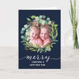 Modern Blue Elegant Script Eucalyptus Foliage Holiday Card