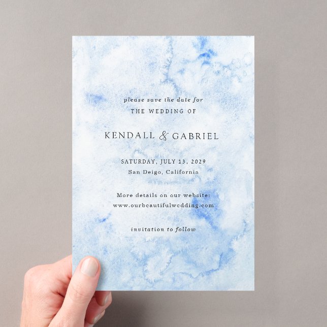 Modern Blue Elegant Wedding Save the Date Acrylic Invitations (Insitu (Handheld))