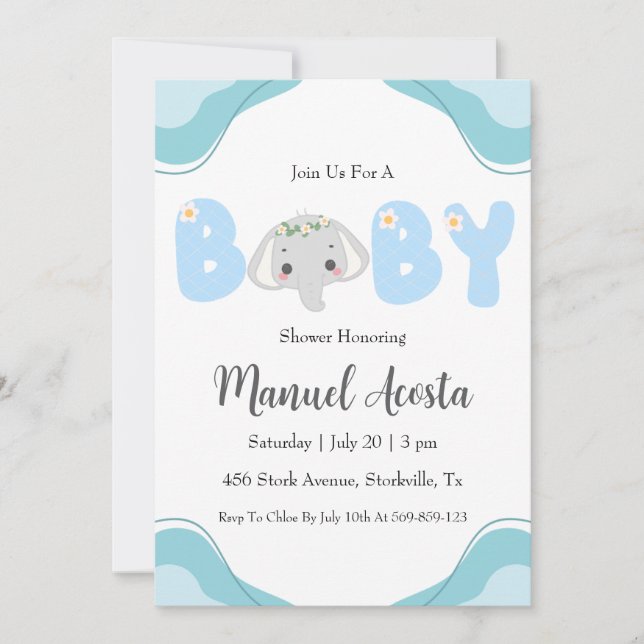 modern blue elephant baby shower invitations (Front)