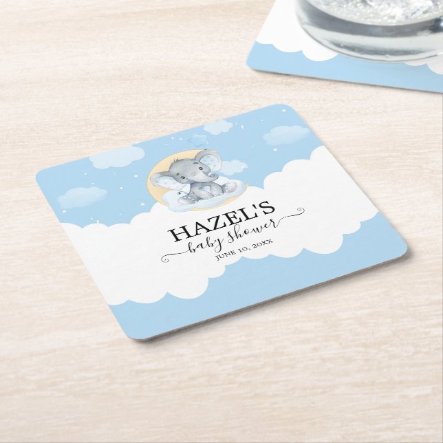 Modern Blue Elephant Boy Little Peanut Baby Shower Square Paper Coaster (Angled)