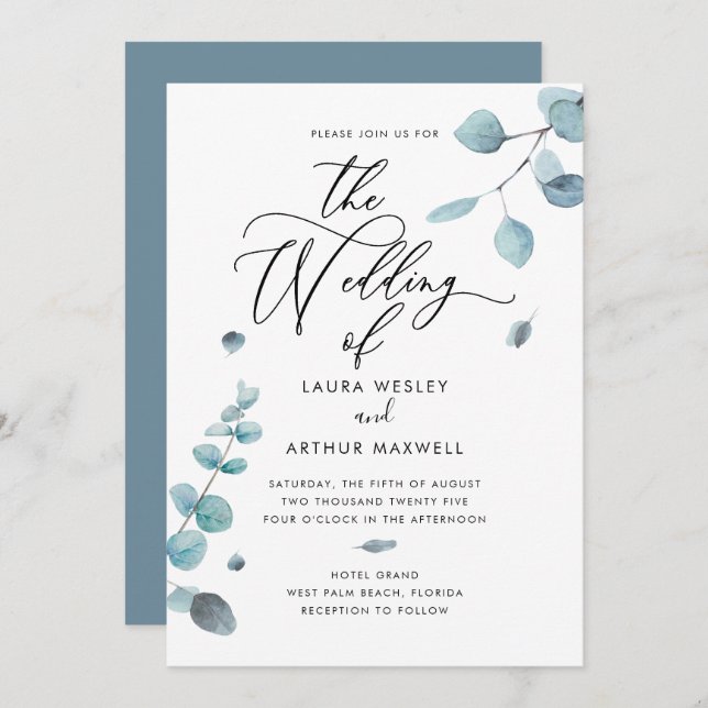 Modern Blue Eucalyptus Wedding Invitation (Front/Back)