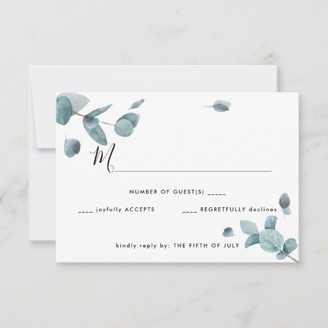 Modern Blue Eucalyptus Wedding RSVP Card (Front)