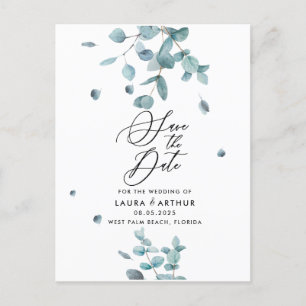 Modern Blue Eucalyptus Wedding Save the Date Announcement Postcard