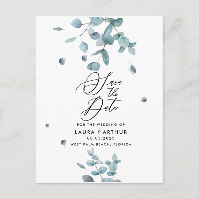Modern Blue Eucalyptus Wedding Save the Date Announcement Postcard (Front)