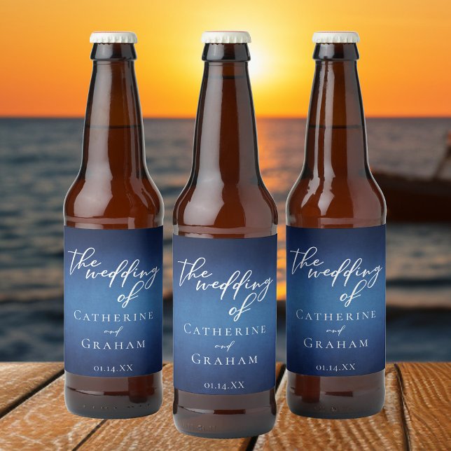 Modern Blue Evening Wedding Customizable Mini Beer Bottle Label (Creator Uploaded)