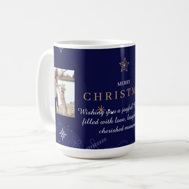 Modern Blue Family Christmas Photo Coffee Mug (Front Left)