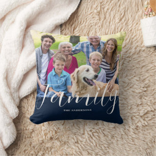 Modern Blue Family Photo Name Throw Pillow