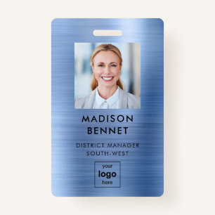 Modern Blue Faux Metallic Corporate Photo Badge
