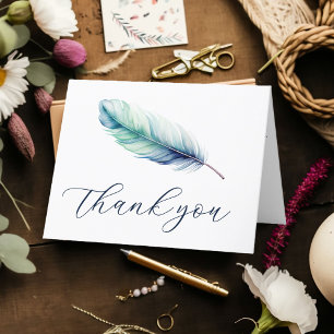 Modern Blue Feather Watercolor Birthday Thank You Card