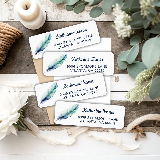 Modern Blue Feather Wedding Return Address (Creator Uploaded)