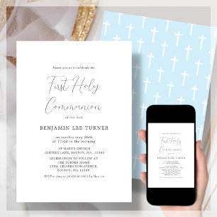 Modern Blue   First Holy Communion Invitation