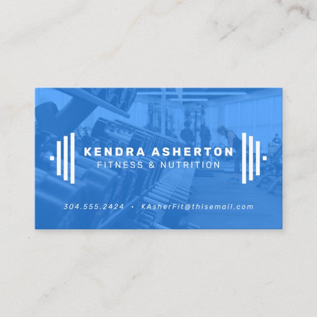 Modern blue fitness business card with photo (Front)