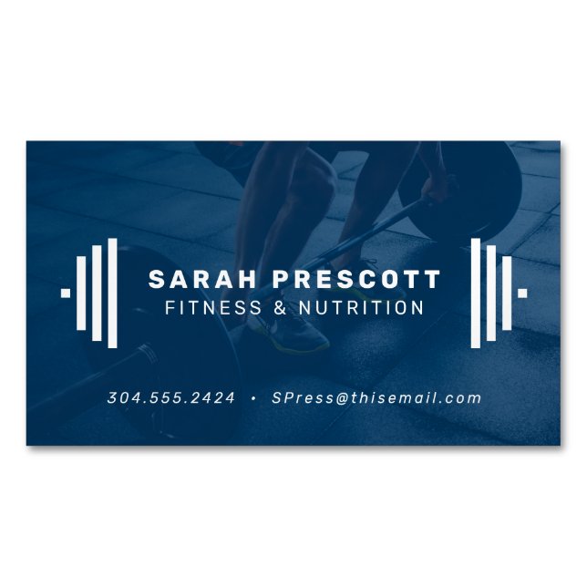 Modern blue fitness trainer photo 	Magnetic business card (Front)