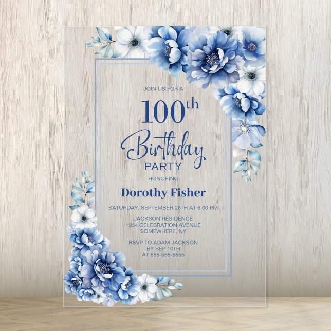 Modern Blue Floral 100th Birthday Party Acrylic Invitations (Creator Uploaded)
