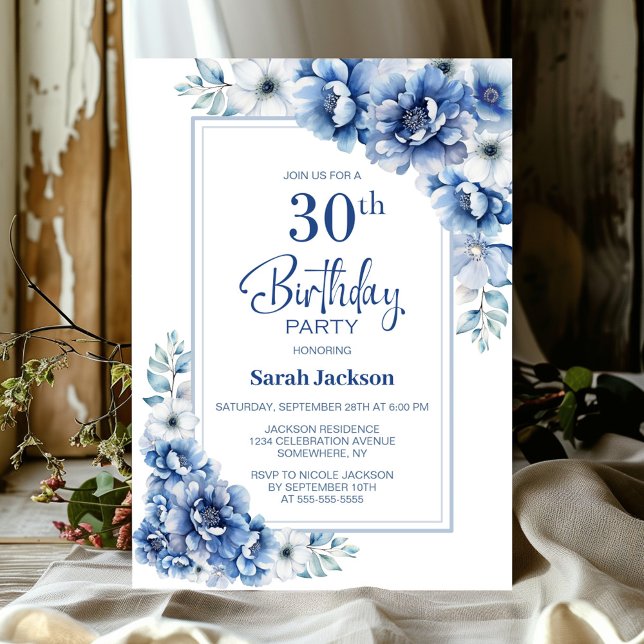 Modern Blue Floral 30th Birthday Party Invitation (Creator Uploaded)