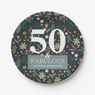 Modern Blue Floral 50 and Fabulous Birthday Paper  Plate