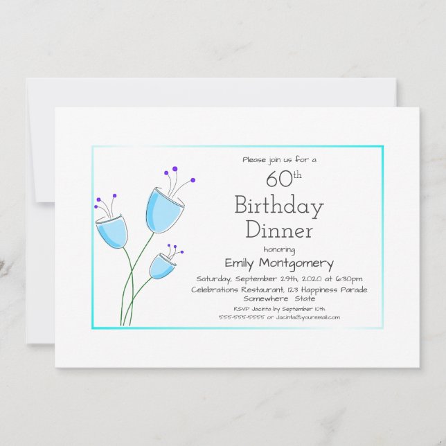 Modern Blue Floral 60th Birthday Dinner Party Invitation (Front)