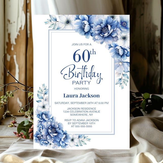 Modern Blue Floral 60th Birthday Party Invitation (Creator Uploaded)