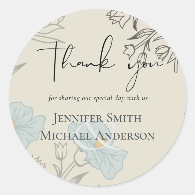 Modern Blue Floral Abstract Wedding Classic Round Sticker (Front)