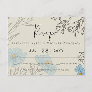 Modern Blue Floral Abstract Wedding RSVP Postcard
