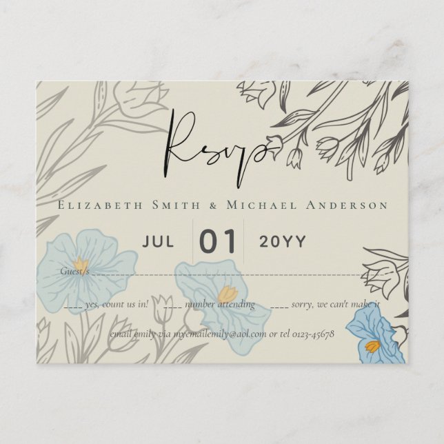 Modern Blue Floral Abstract Wedding RSVP Postcard (Front)