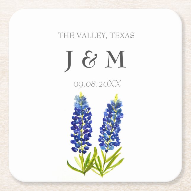 Modern Blue Floral Bluebonnet Custom Wedding Square Paper Coaster (Front)