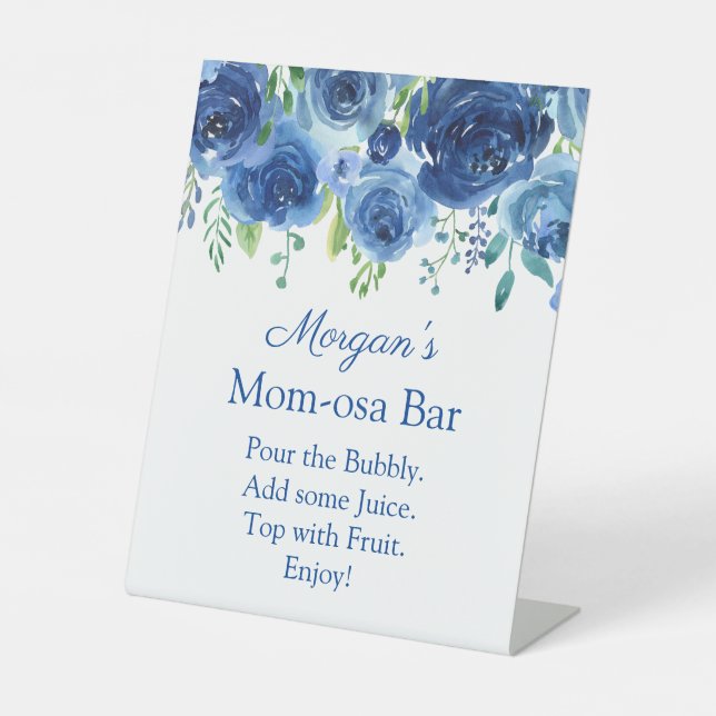Modern Blue Floral Boy Baby Shower Momosa Bar Sign (Front)