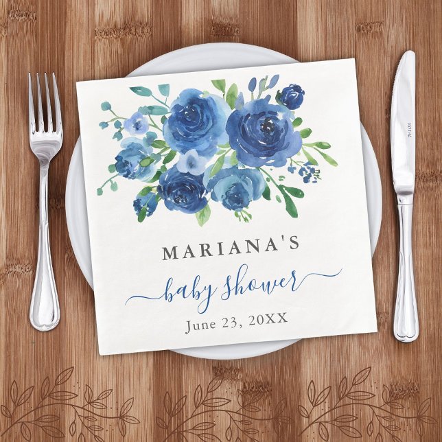 Modern Blue Floral Boy Baby Shower Napkin (Creator Uploaded)