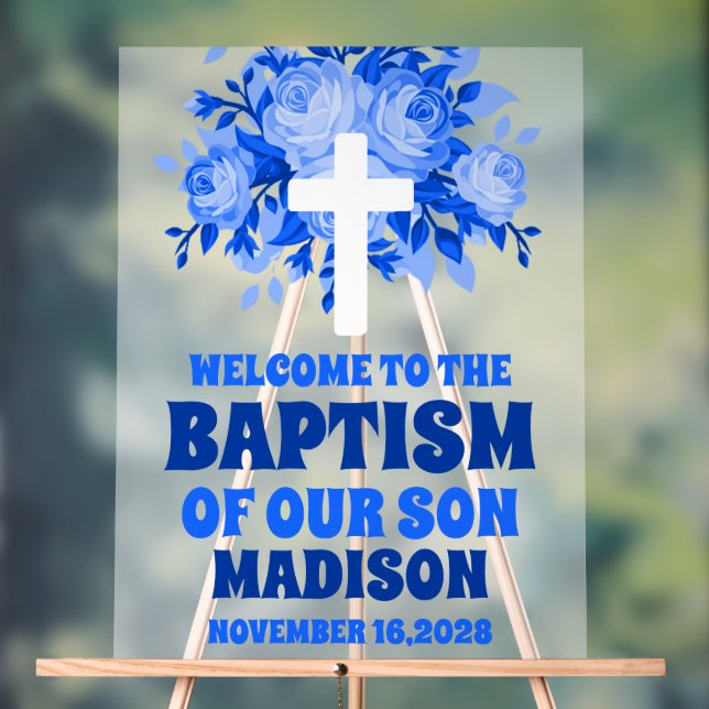 Modern Blue Floral Boy Baptism Welcome Frosted Acrylic Sign (Neutral)