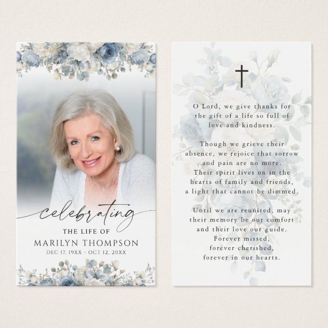 Modern Blue Floral Cross Prayer Card (Devant & derrière)