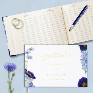 Modern Blue Floral Gold foil Wedding Guest Book