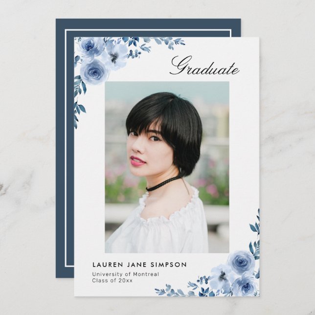 Modern blue floral graduation announcement (Front/Back)
