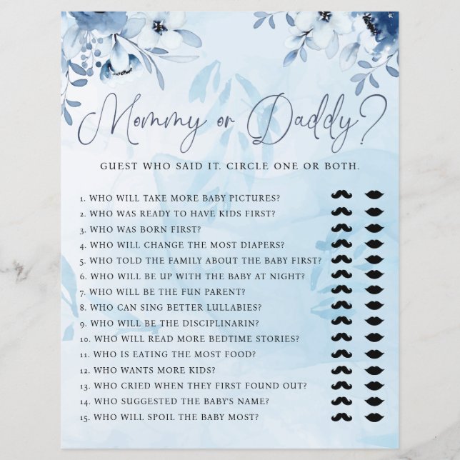 Modern Blue Floral Mommy or Daddy Baby Shower Game (Front)