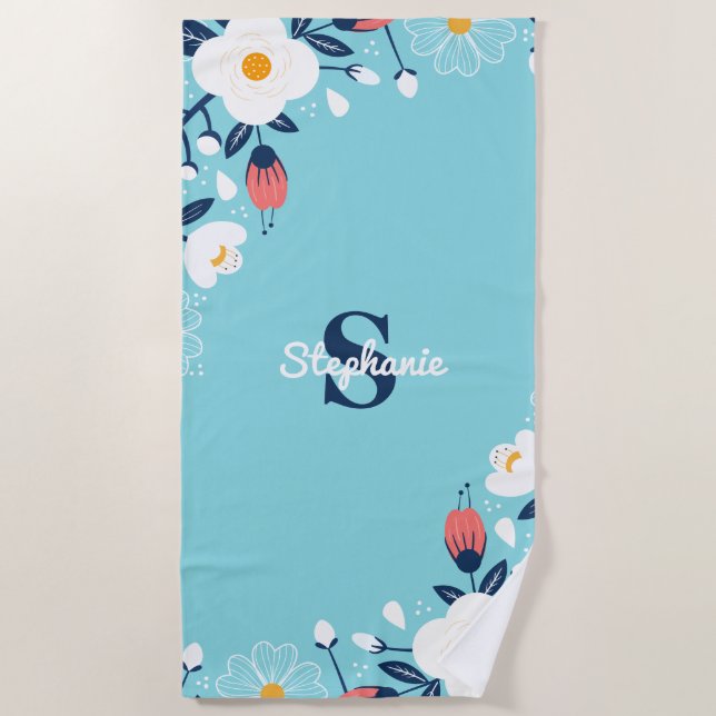 Modern Blue Floral Monogram Beach Towel (Front)