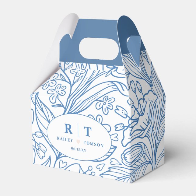 Modern Blue Floral Monogram Thank You Wedding Favor Box (Front Side)