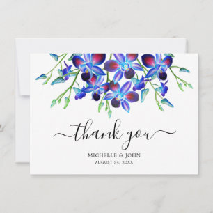 Modern Blue Floral Orchids Watercolor Name Wedding Thank You Card