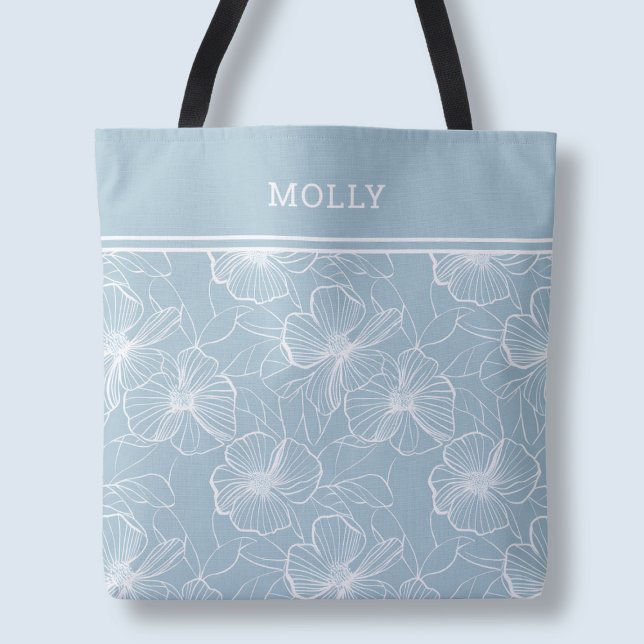 Modern Blue Floral Pattern Elegant Custom Name Tote Bag (Modern Blue Floral Pattern Elegant Custom Name Tote Bag)