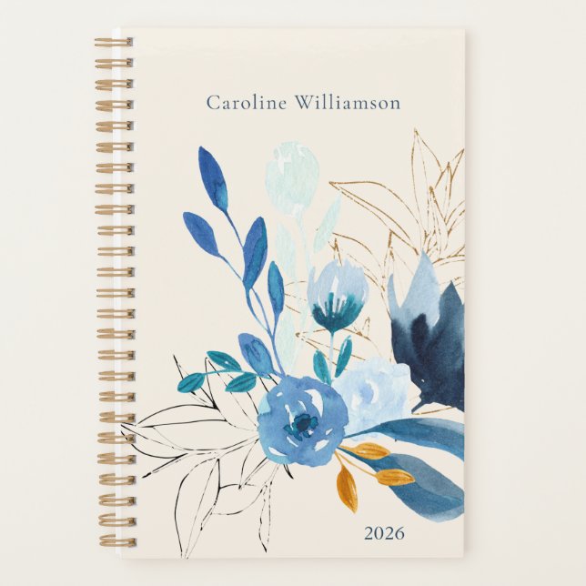 Modern Blue Floral Personalized 2025 Undated Planner (Front)