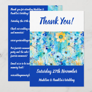 Modern Blue Floral Print Wedding Fun Thank You Card