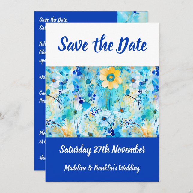 Modern Blue Floral Print Wedding Save The Date (Front/Back)