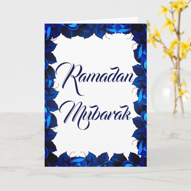 Modern Blue Floral Ramadan Mubarak Card (Yellow Flower)