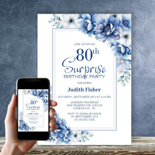 Modern Blue Floral Surprise 80th Birthday Party Invitation