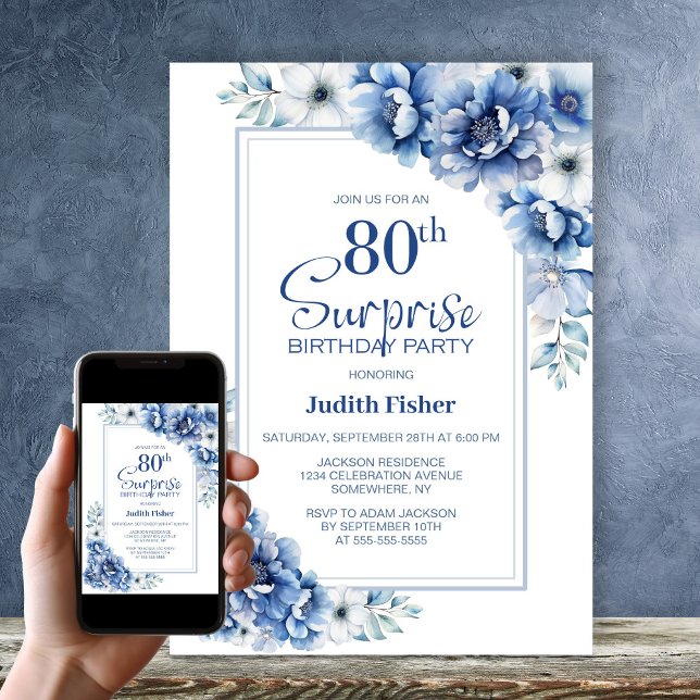 Modern Blue Floral Surprise 80th Birthday Party Invitation (Creator Uploaded)