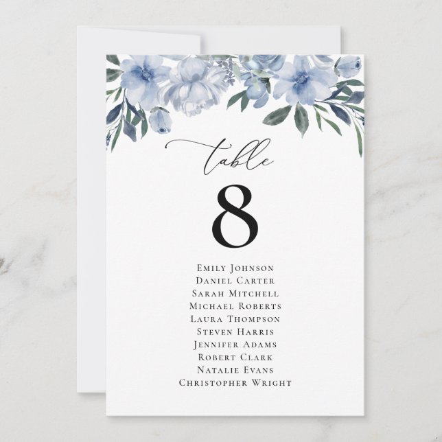 Modern blue floral Table Number Seating Chart (Front)