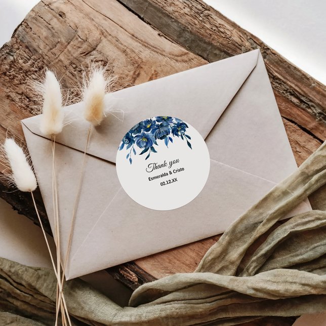 Modern Blue Floral Thank You Favour Classic Round Sticker (Creator Uploaded)